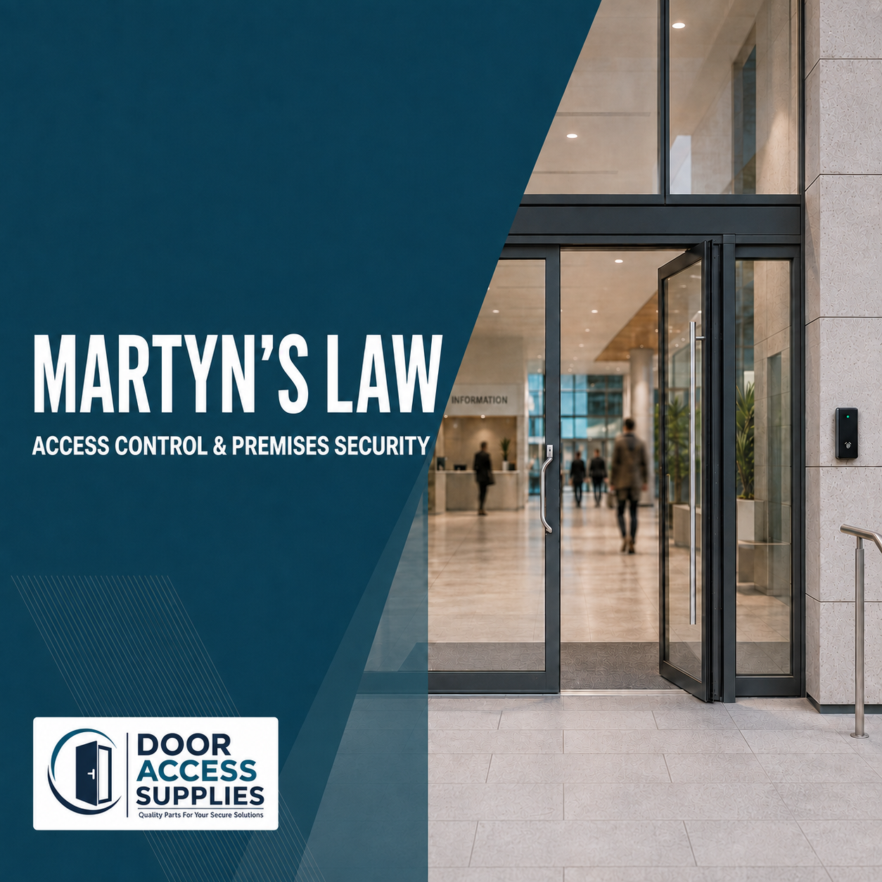 Promotional graphic for 'Martyn's Law Access Control & Premises Security' featuring a dark teal graphic overlay on the left with white text, and a photo of a modern building entrance with glass doors on the right.
