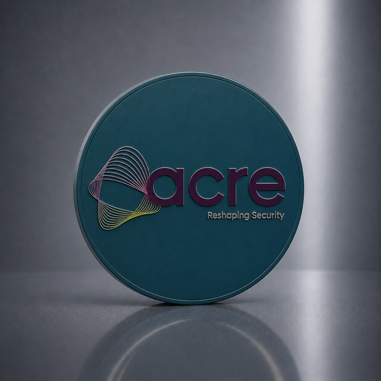 A round teal plaque or coaster featuring the 'acre' logo with 'Acre' in dark purple and 'Reshaping Security' underneath, set against a dark gray background with a soft reflection. Acre logo