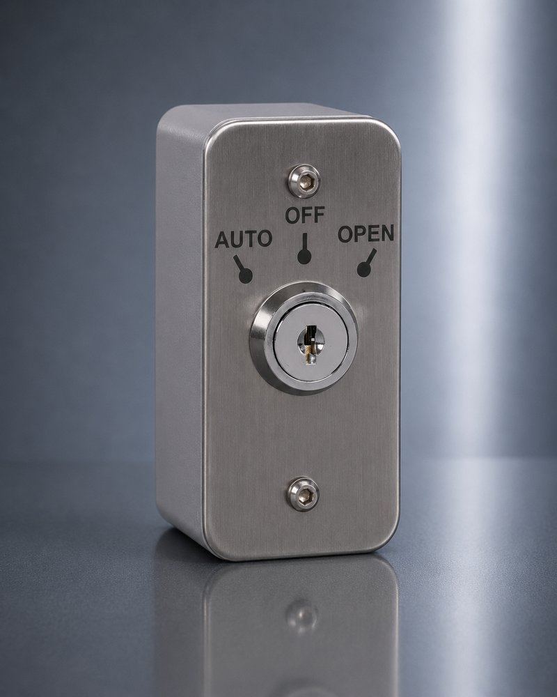 Automatic door three position key switch on a silver background
