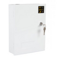 White safe box with digital display and key lock on a white background