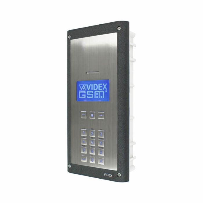 A VIDEK GSM marine electronic control box with a brushed stainless steel faceplate, black textured frame, blue backlit LCD screen, and numeric keypad, shown on a plain white background. 
Videx 4812R/4G