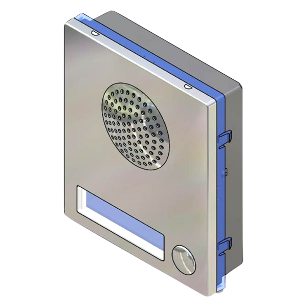 A square wall-mounted intercom receiver or speaker unit with a brushed silver metal face, circular speaker grille, blue accent strip, and a small rectangular display window, shown on a plain white background. Videx 4836-1