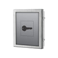 A square metal electronic lockout panel with a brushed silver frame and a gray faceplate featuring a black key icon in the center, isolated on a white background. Videx 4846UKM