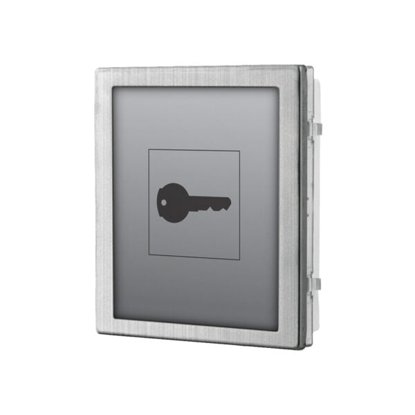 A square metal electronic lockout panel with a brushed silver frame and a gray faceplate featuring a black key icon in the center, isolated on a white background. Videx 4846UKM