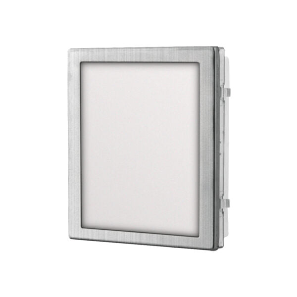 A square recessed LED light fixture with a brushed silver metal frame and a white diffuser, shown from a three-quarter angle on a white background. Videx 4846