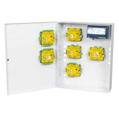 Electrical panel with multiple yellow connectors inside a white cabinet