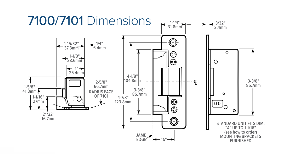Adams Rite 7100 and 7101 electric strike faceplate and installation dimensions