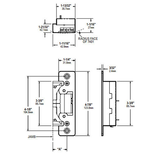 Adams Rite UltraLine 7400 and 7401 electric strike body and faceplate dimensions
