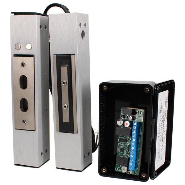 A metal magnetic lock or door stop assembly shown in two upright positions, alongside an open black electrical control box containing a circuit board and terminal strip. ADAMS RITE 1354-0201