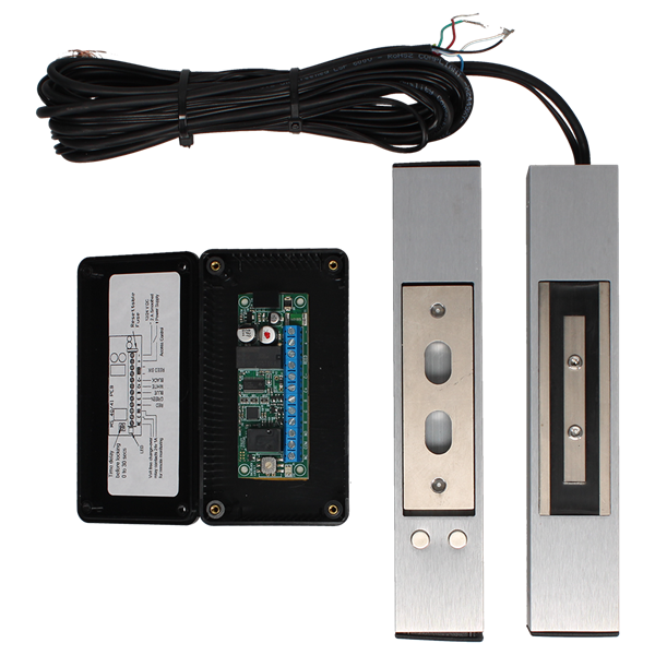 An electronic lockout relay control module kit with a black wiring harness, a black control box showing the internal circuit board, and two silver metal lockout relay modules on a white background. ADAMS RITE 1354-0201
