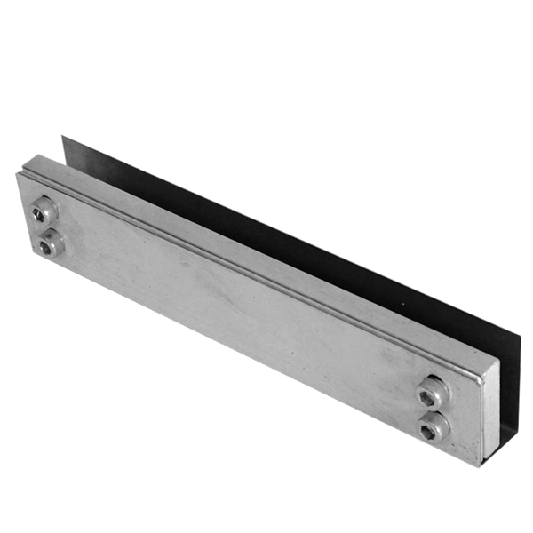 A stainless steel U-channel metal bracket or clip with pre-installed screws, shown on a plain white background. To suit Adams Rite 1354 surface shear locks