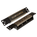Two black metal mounting brackets with brushed silver metal plates, shown on a plain white background. ADAMS RITE 1354-0100 Mortice Shear Magnet