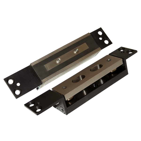 Two black metal mounting brackets with brushed silver metal plates, shown on a plain white background. ADAMS RITE 1354-0100 Mortice Shear Magnet