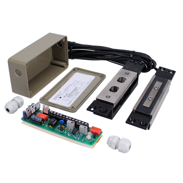 An industrial electronic control module kit on a white background, including a beige ribbed metal enclosure, a green circuit board with electronic components, two black magnetic components, a metal bracket, and white cable glands. ADAMS RITE 1354-0100 Mortice Shear Magnet