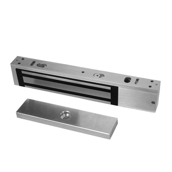 A brushed stainless steel magnetic door stopper shown in two pieces on a plain white background, with one piece displaying the magnetic reed and the other showing the mounting base. ADAMS RITE Armlock 261 Series Slim Line Single Magnet