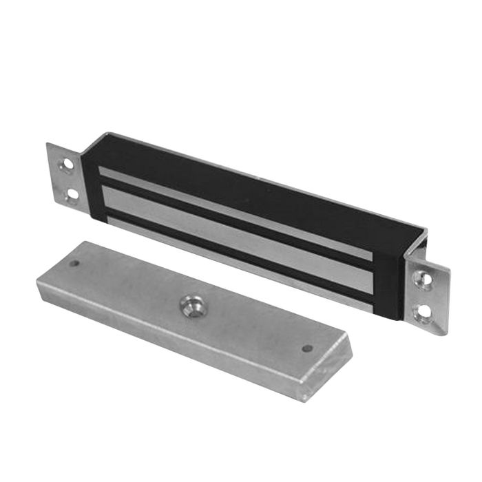 A metal maglock with a black and silver striped handle and a separate silver metal base plate, shown on a plain white background. ADAMS RITE Armlock 262