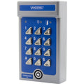 A gray and blue Vanderbilt CodeLock 406 keypad access control unit with triangular buttons and white branding, shown on a plain white background. V42