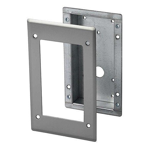 A silver metal electrical outlet cover plate shown from both front and back angles against a plain white background. ARCE flush mount