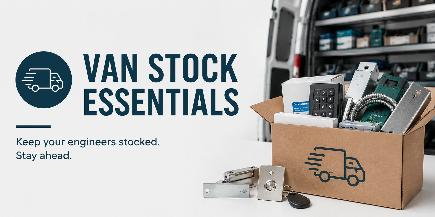 Promotional graphic for 'Van Stock Essentials' showing an open cardboard box filled with hardware and tools, alongside loose metal parts on a table. Large text reads 'VAN STOCK ESSENTIALS' with a delivery truck icon, and a blurred van interior is visible in the background.