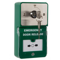 Green emergency door release switch on a white background