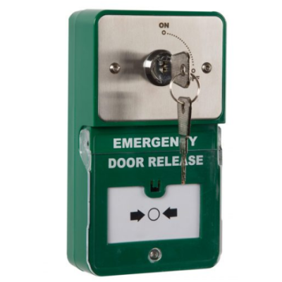 Green emergency door release switch on a white background