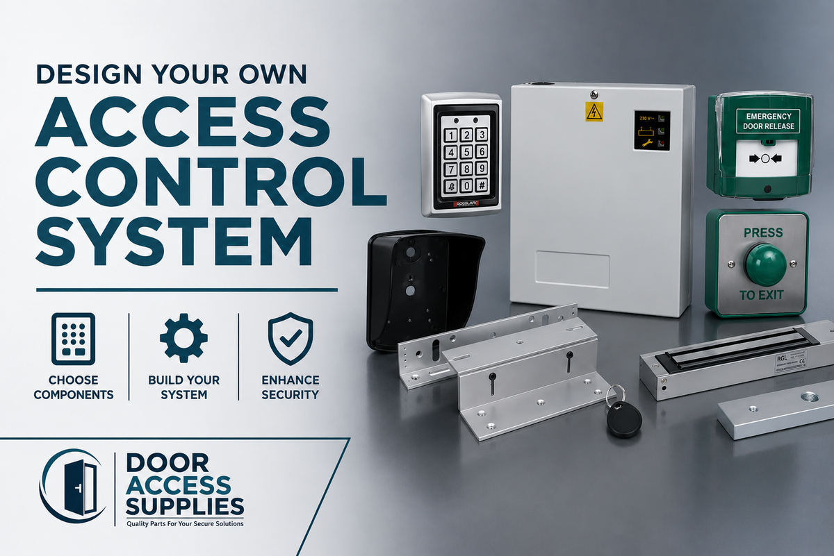 Design your own access control system using a keypad, power supply, emergency door release, exit button and magnetic lock