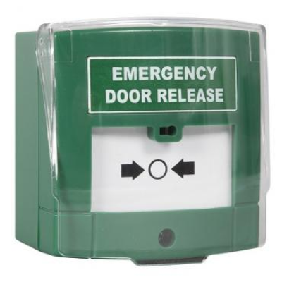 Emergency door release device with green and white color scheme on a white background
