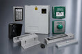 Set of security system components including a keypad, control panel, and exit button on a gray background.