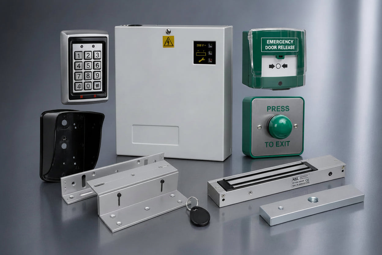 Set of security system components including a keypad, control panel, and exit button on a gray background.