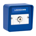 Blue lockdown box with a keyhole on a white background