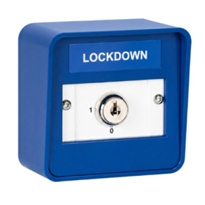 Blue lockdown box with a keyhole on a white background