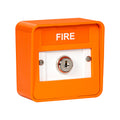 Orange fire alarm box with 'FIRE' label on a white background
