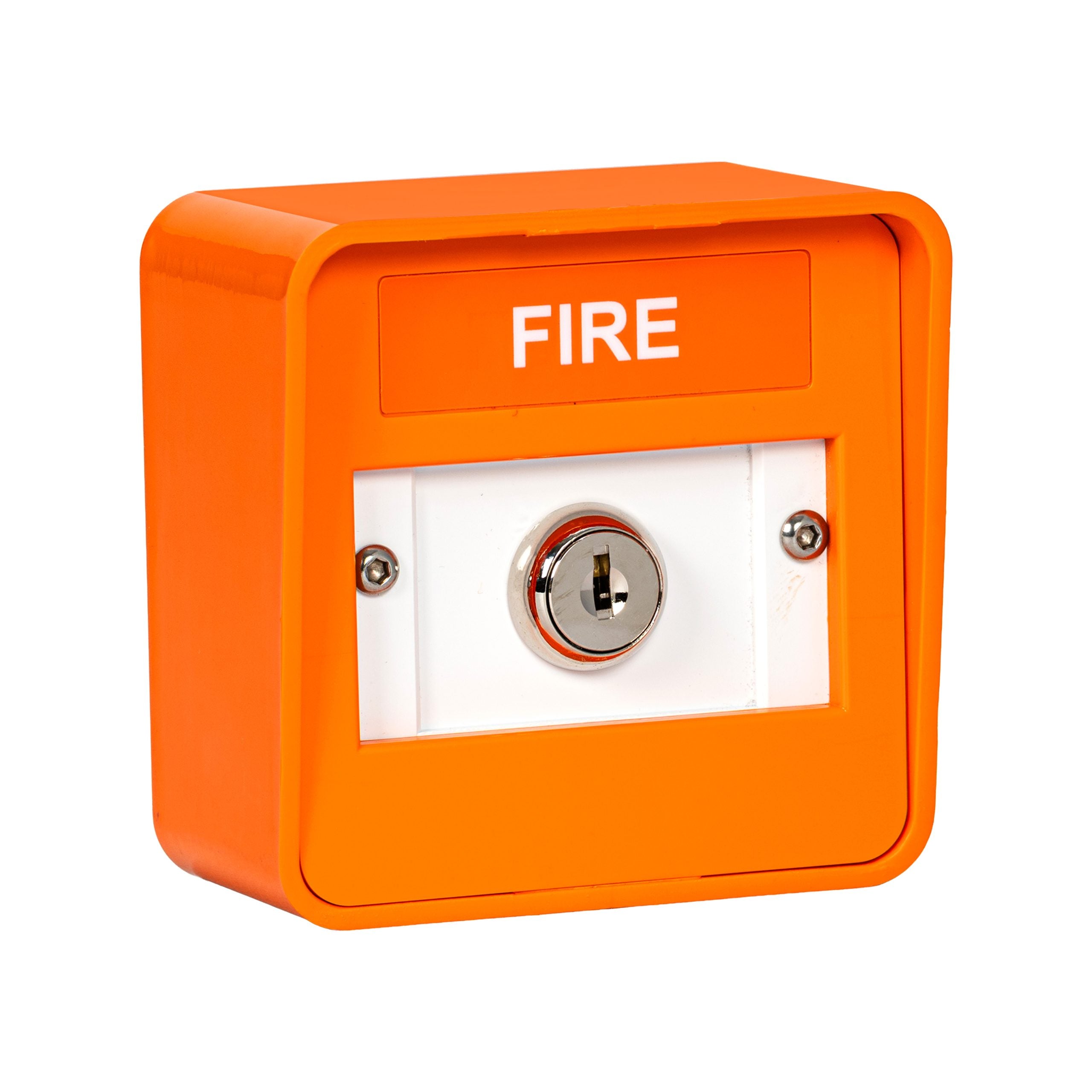 Orange fire alarm box with 'FIRE' label on a white background