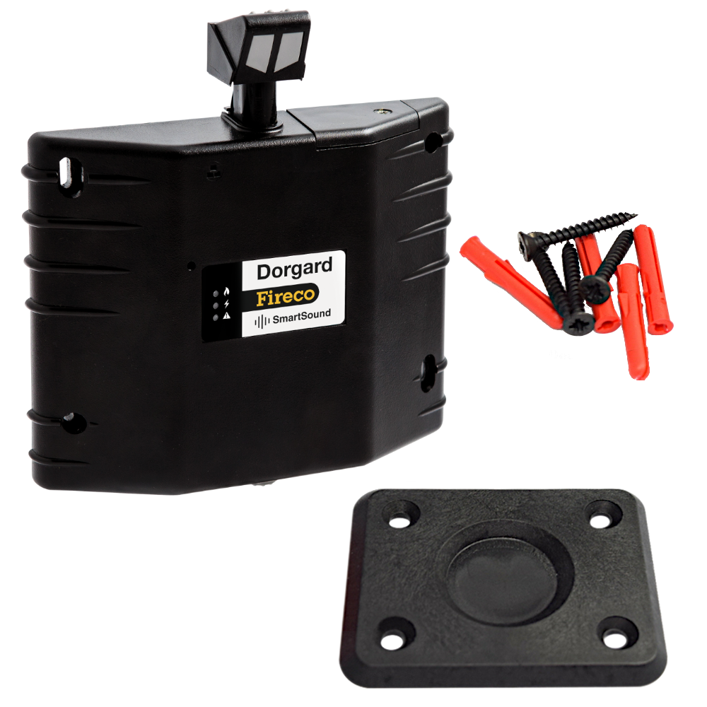 Fireco Dorgard SmartSound fire door hold-open device in black with standard flat floorplate