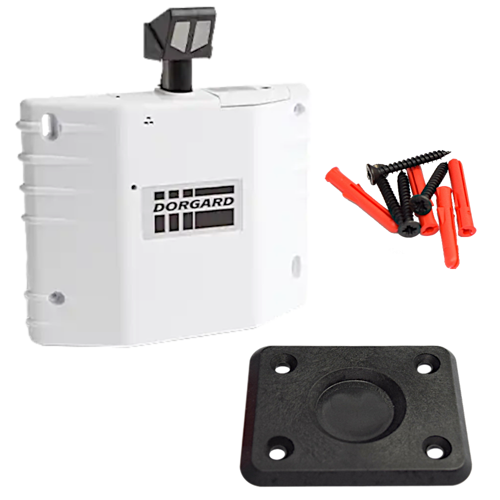 Fireco Dorgard DG2000 fire door hold-open device in white with standard flat floorplate