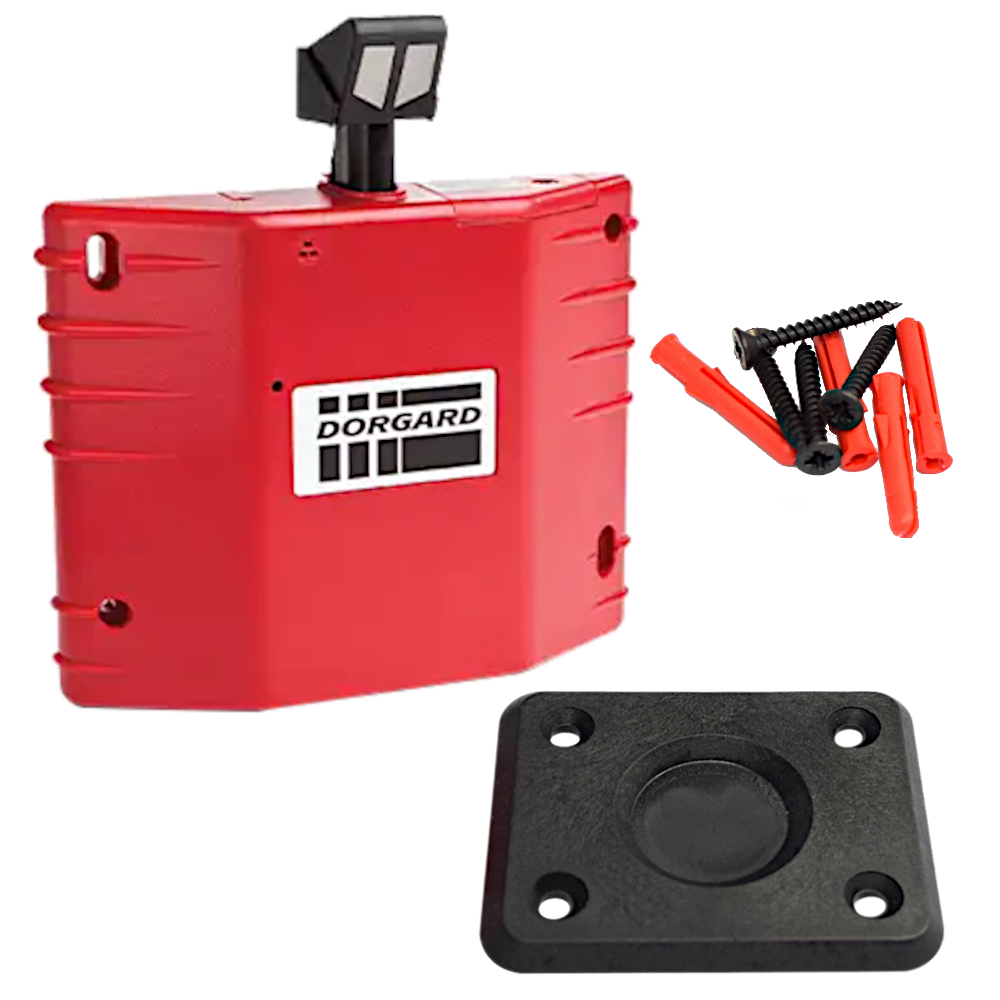 Fireco Dorgard DG2000 fire door hold-open device in red with standard flat floorplate