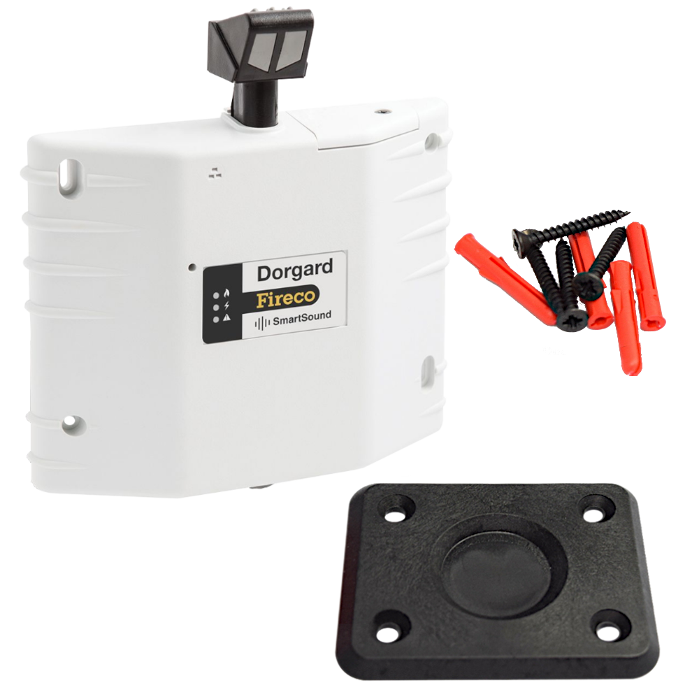 Fireco Dorgard SmartSound fire door hold-open device in white with standard flat floorplate
