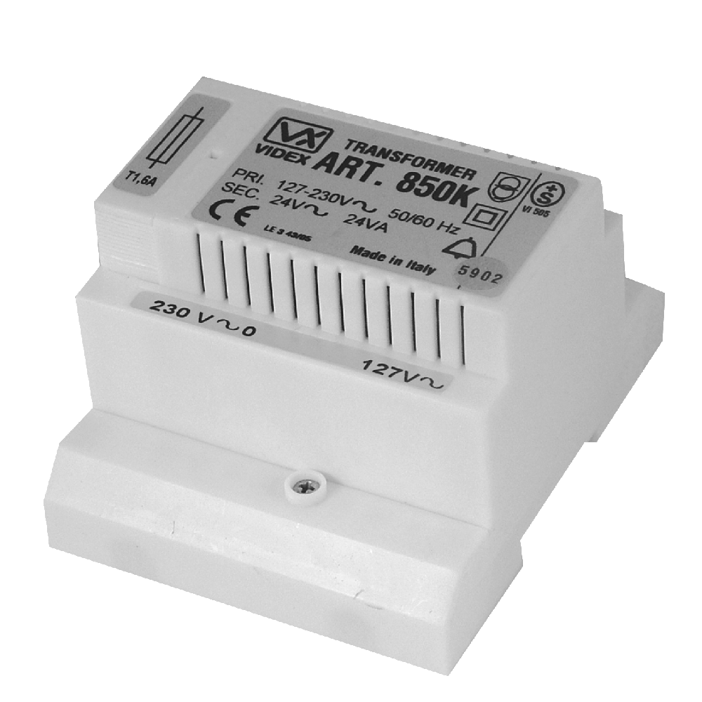 Videx 850K 24V AC video intercom transformer in a white DIN-rail enclosure