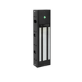 Black security door opener with a green light on a white background