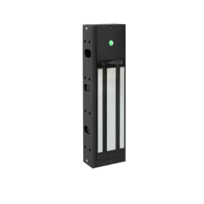 Black security door opener with a green light on a white background