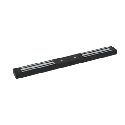 Black rectangular light fixture with two visible LED lights on a white background