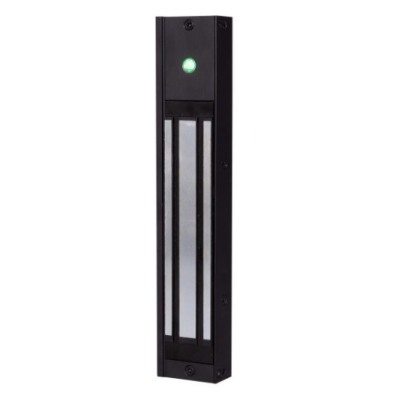 Black security gate with a green light on a white background