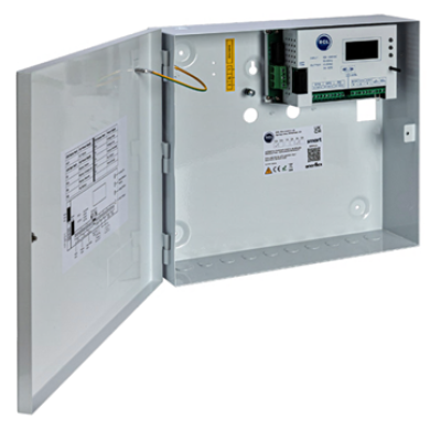 Electrical panel with open cover on a white background