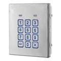 A stainless steel keypad panel with a 12-button numeric layout and blue accent borders, isolated on a white background.