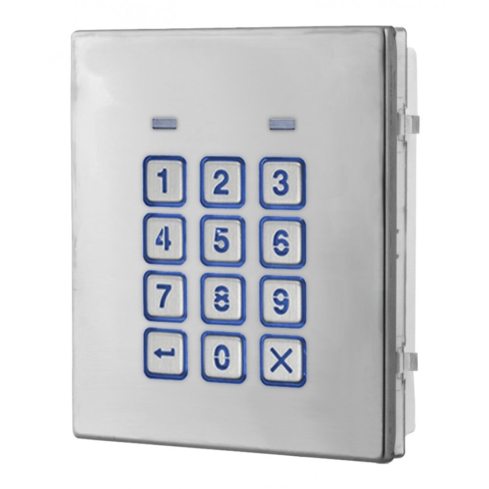A stainless steel keypad panel with a 12-button numeric layout and blue accent borders, isolated on a white background.