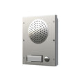 A modern stainless steel intercom wall unit with a circular perforated speaker grille and a rectangular display slot, shown on a plain white background. Videx 8836-1