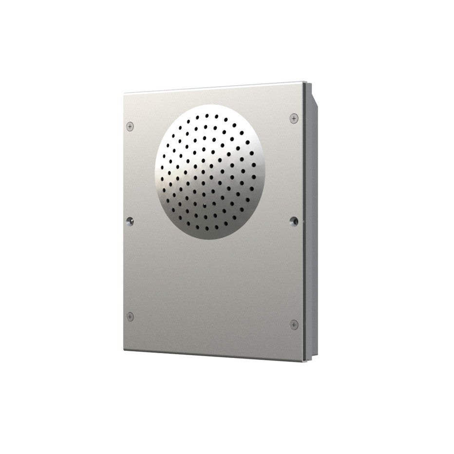 A rectangular metallic wall-mounted speaker enclosure with a circular perforated grille on the front, shown at a slight angle against a plain white background. Videx 8837M