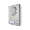 A stainless steel intercom wall box with a circular speaker grille, a blank label slot, and a round button, shown on a plain white background. Videx 8837M