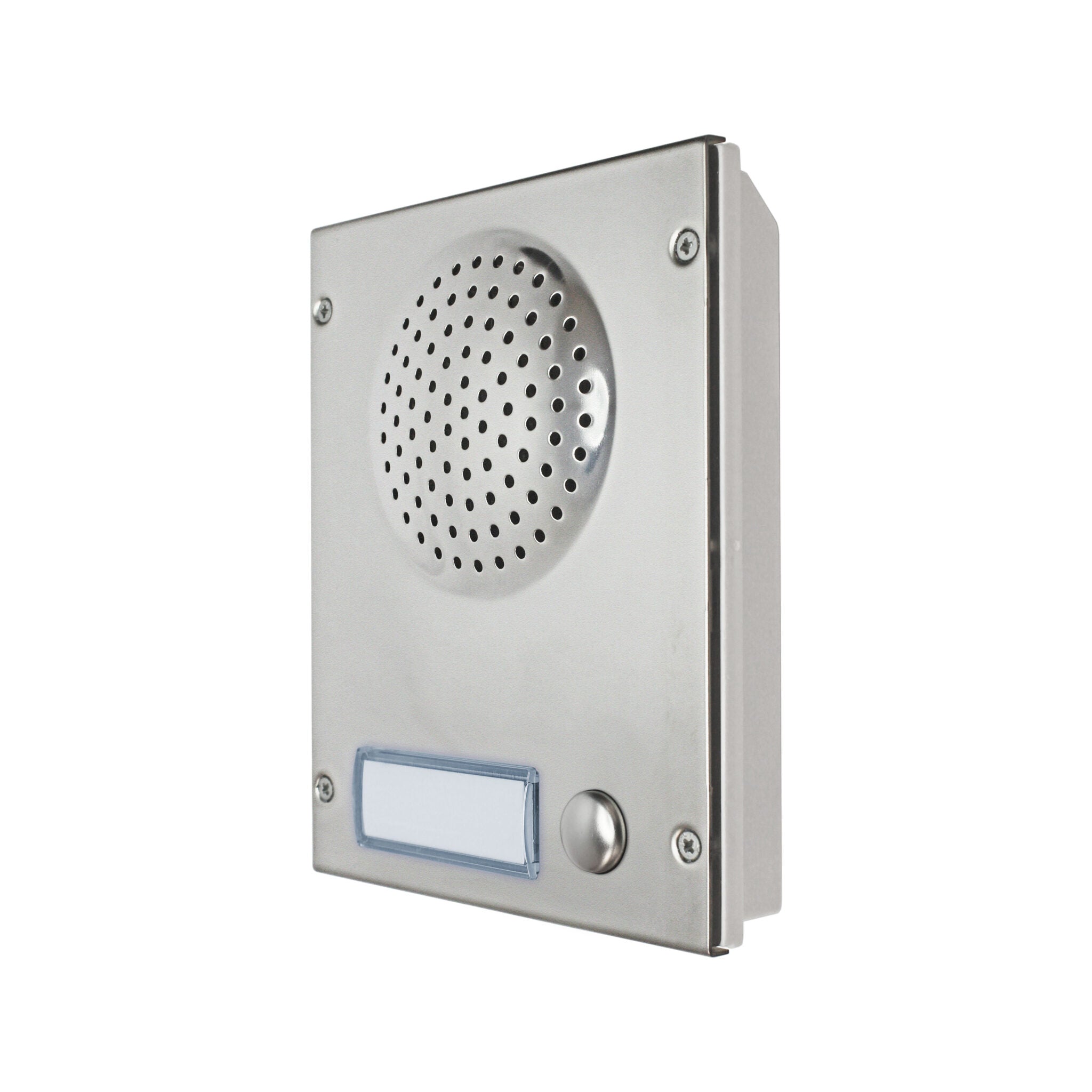 A stainless steel intercom wall box with a circular speaker grille, a blank label slot, and a round button, shown on a plain white background. Videx 8837M