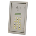 A silver metal intercom and keypad control panel with a small green LCD screen, button layout, and labels for ENTER, CODE, CLEAR, and TRADE, shown on a plain white background. SP300-1